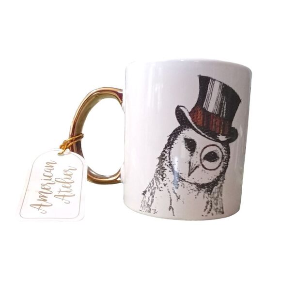 American Antelier Dapper Owl Mug 15 oz White and Black Gold Handle - Picture 1 of 4
